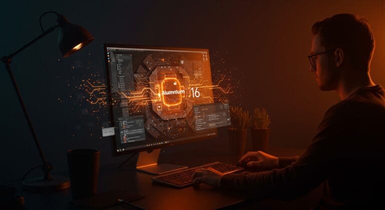 Interfaz tecnológica de Aluminium OS fusionando Android 16 y Chrome OS, simbolizando la multitarea y computación de escritorio para startups tech en LATAM.