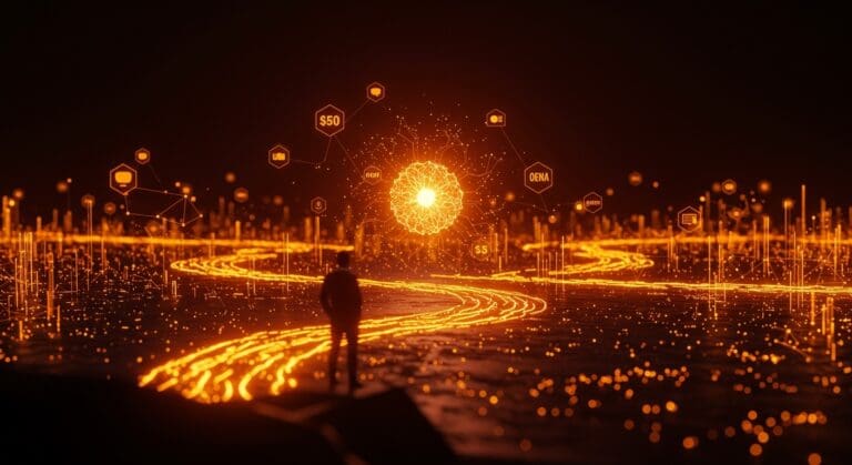 Inversión de Amazon en OpenAI representada por energía digital y redes neuronales en un contexto de startups e inteligencia artificial.