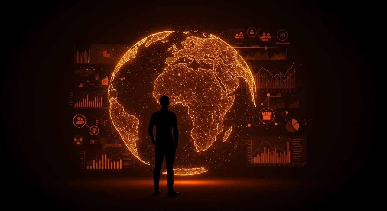 Fundador tech observando un globo digital con redes de alianzas globales y tendencias influenciadas por la política America First.