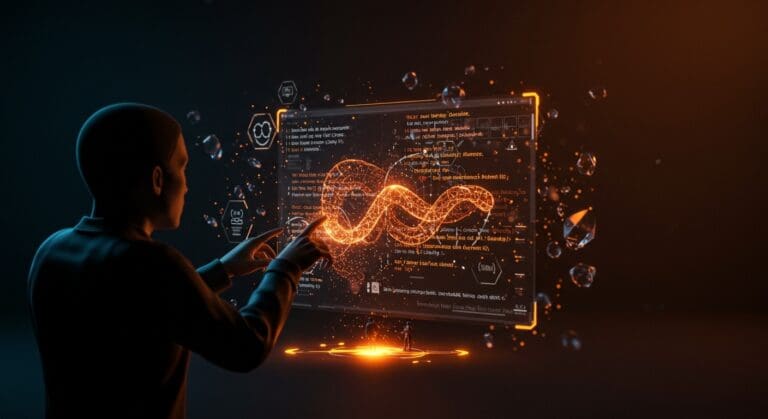 Programador interactuando con interfaz holográfica que integra seguridad de memoria Rust en código C++ usando IA y análisis estático.