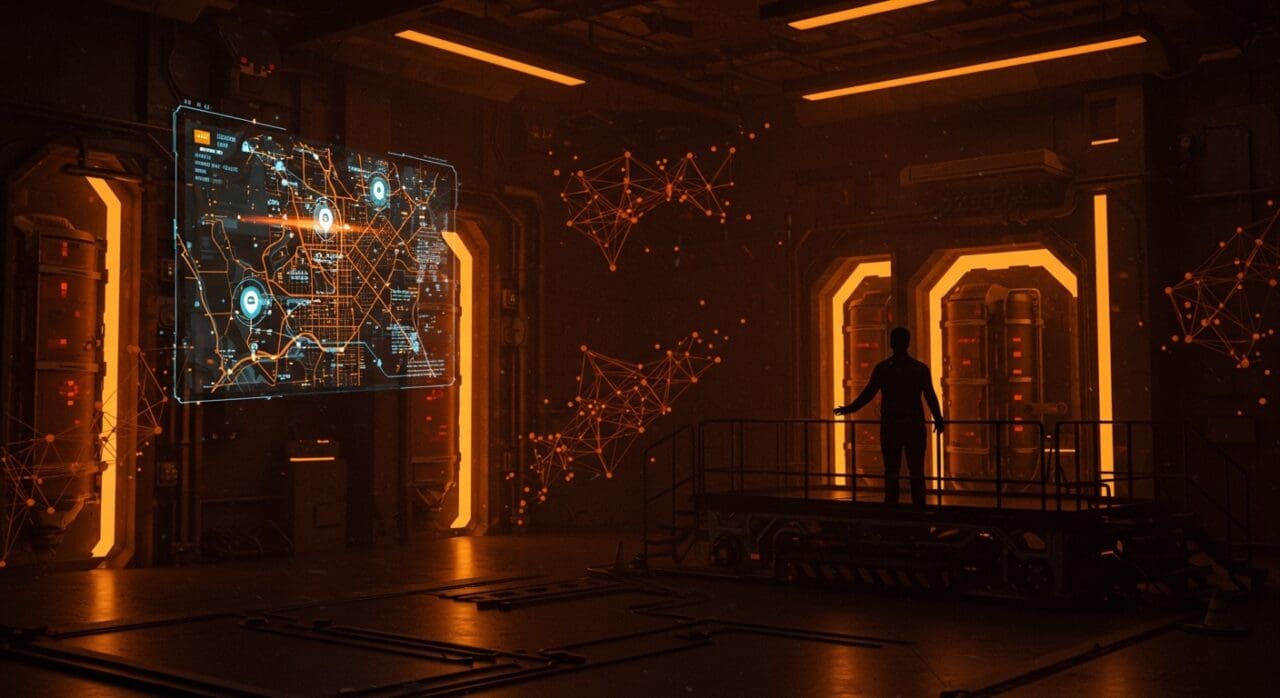 Expansión de Anduril en Long Beach representada con innovación tecnológica y metáforas visuales de IA en defensa.