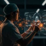 Profesional de salud usando inteligencia artificial aplicada en healthcare, con interfaz tecnológica avanzada de Anthropic para innovación en salud.