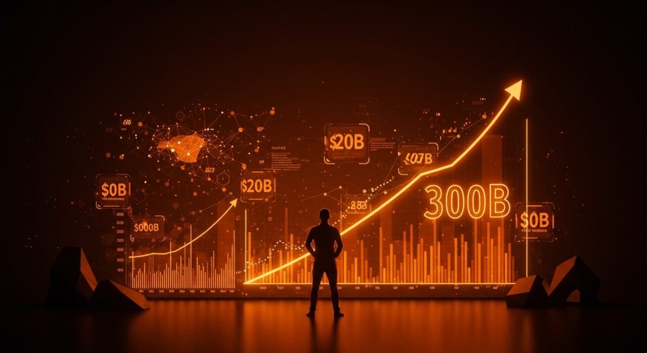 Fundador de startup frente a gráfico digital de valoración récord en IA y financiación histórica.