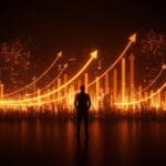 Tech founder frente a un horizonte digital con gráficos ascendentes y redes neuronales representando una ronda de funding de 10 mil millones en inteligencia artificial.