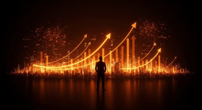 Tech founder frente a un horizonte digital con gráficos ascendentes y redes neuronales representando una ronda de funding de 10 mil millones en inteligencia artificial.