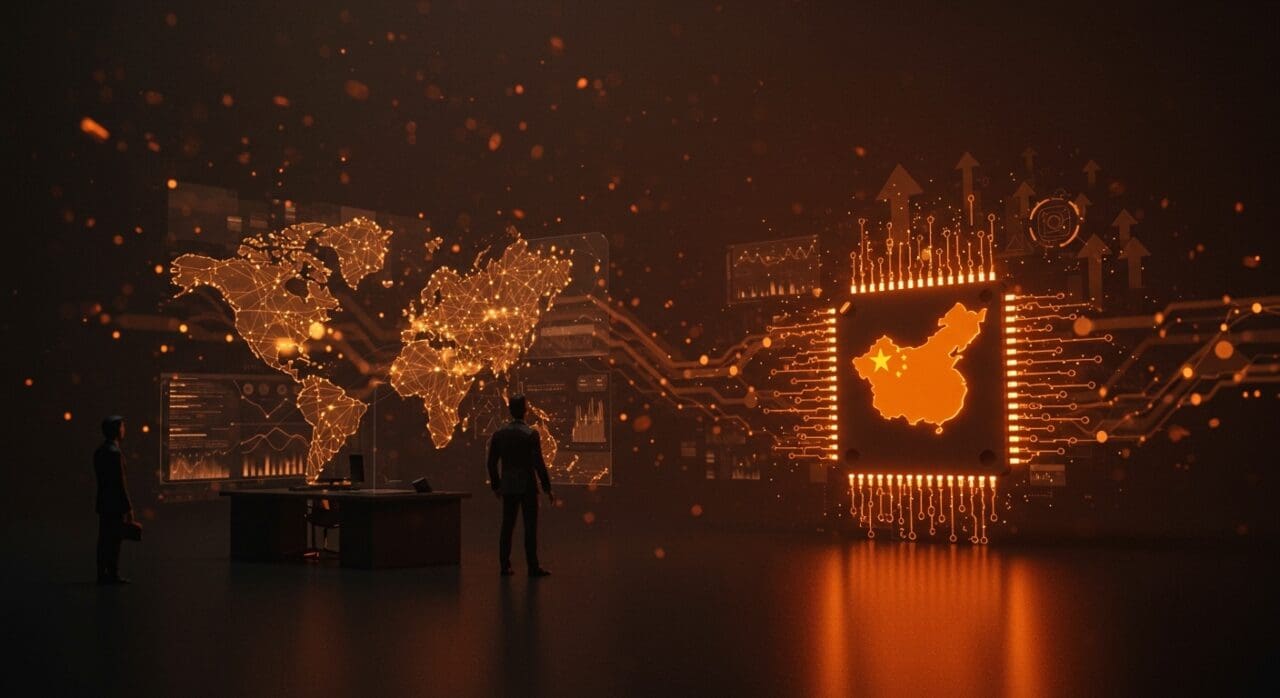 CEO de Anthropic desafía a Nvidia sobre chips IA y geopolítica tecnológica entre EEUU y China en Davos, con metáforas visuales de inteligencia artificial y hardware.