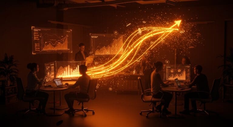 Equipo de startup de IA recibiendo inversión de capital riesgo y proyectando ingresos récord con tecnología avanzada.