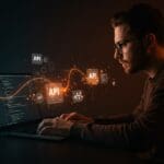 Founder tecnológico trabajando con integración de APIs y automatización usando Swift y la API de traducción de Apple para CLI.