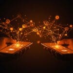 App de mensajería peer-to-peer descentralizada usando Bluetooth mesh mostrando conexión independiente en ecosistema startup.