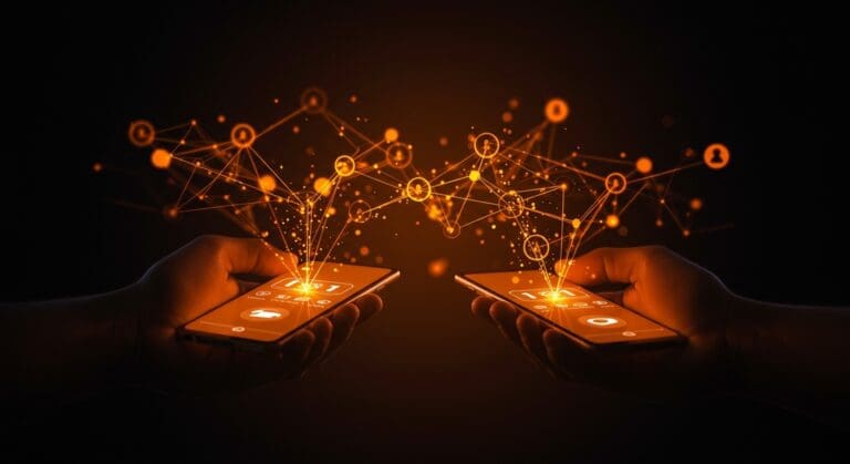 App de mensajería peer-to-peer descentralizada usando Bluetooth mesh mostrando conexión independiente en ecosistema startup.