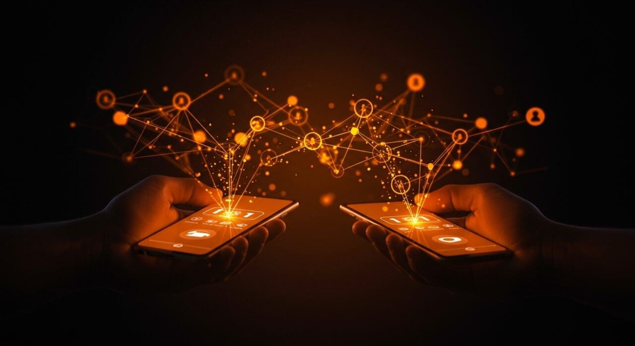 App de mensajería peer-to-peer descentralizada usando Bluetooth mesh mostrando conexión independiente en ecosistema startup.