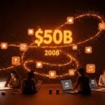 Desarrolladores colaborando en el ecosistema Apple App Store con símbolos digitales y cifras de ingresos destacados.