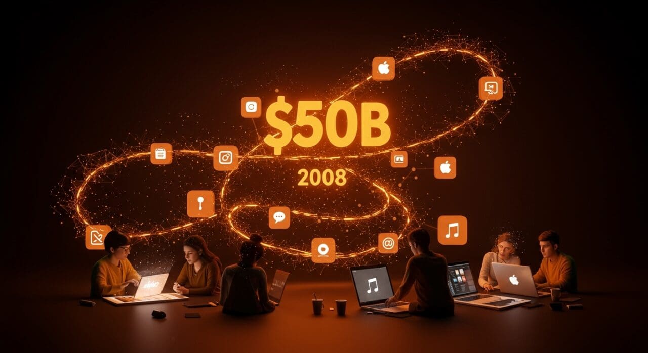 Desarrolladores colaborando en el ecosistema Apple App Store con símbolos digitales y cifras de ingresos destacados.