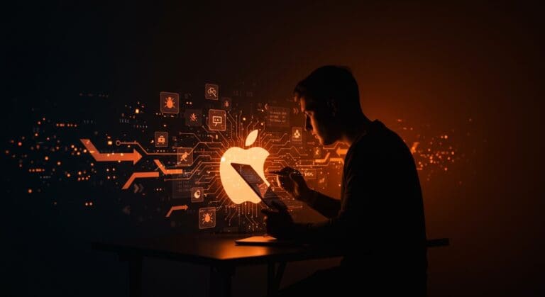 Emprendedor de startup enfrentando bugs persistentes en Apple que afectan la productividad tecnológica.