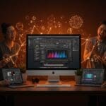 Apple Creator Studio bundle mostrando aplicaciones creativas y equipo colaborando en software de creación de contenido con IA y multiplataforma.