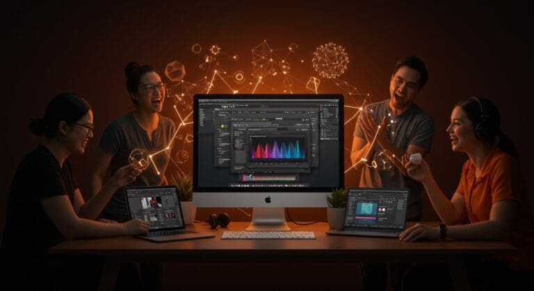 Apple Creator Studio bundle mostrando aplicaciones creativas y equipo colaborando en software de creación de contenido con IA y multiplataforma.