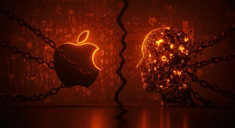 Imagen editorial en naranja y negro que representa la ética tecnológica y presión política sobre Apple y Google frente a deepfakes y privacidad en 2026.