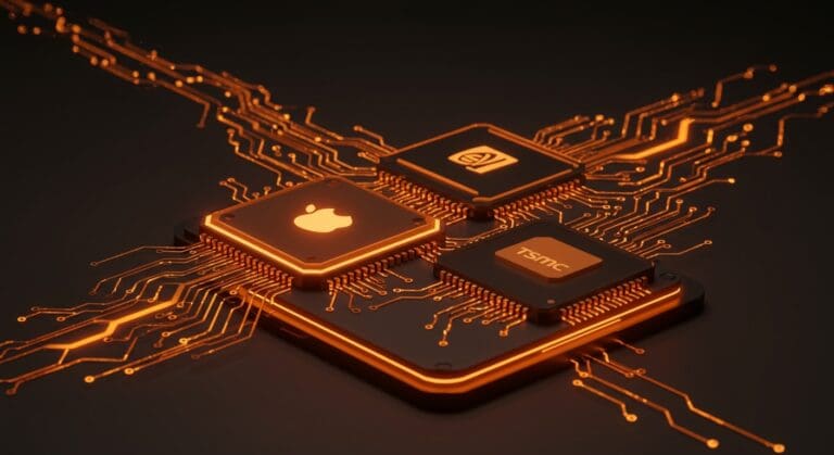 Batalla por chips de IA entre Apple, Nvidia y TSMC destacando la capacidad de producción y cadenas de suministro globales en semiconductores.