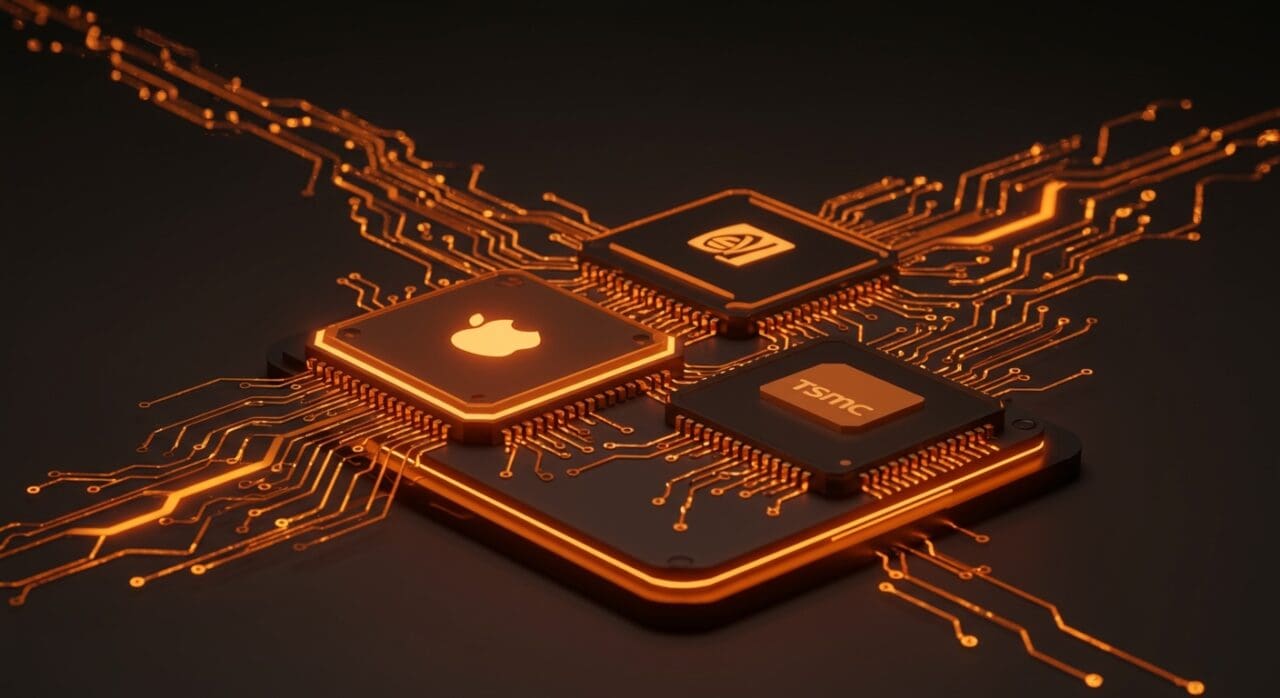 Batalla por chips de IA entre Apple, Nvidia y TSMC destacando la capacidad de producción y cadenas de suministro globales en semiconductores.