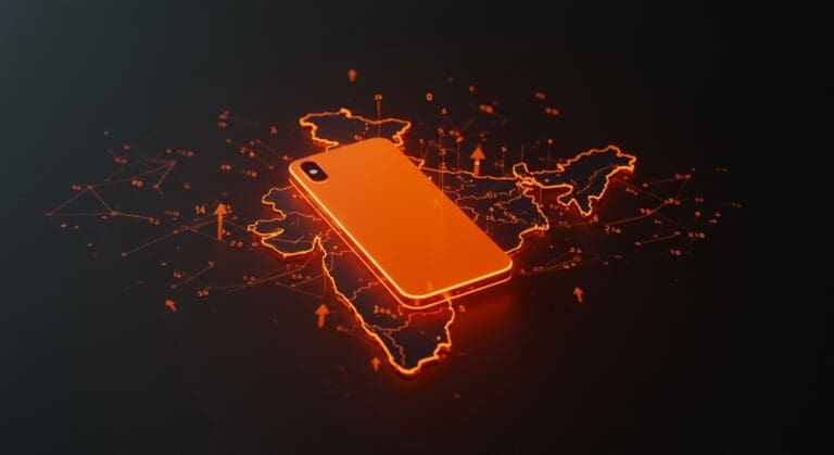 Apple iPhone resaltando en un mapa digital de India con flujos de datos y flechas ascendentes, simbolizando récord de ventas y tendencias tecnológicas en el mercado smartphone.