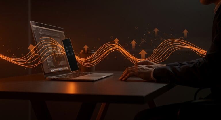 Apple TV Remote controlando MacBook con macOS Tahoe, destacando productividad, presentaciones y seguridad en Apple.