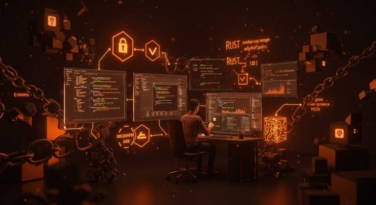 Gestión de paquetes en Arch Linux con Rust y verificación criptográfica, representada en un entorno tecnológico innovador.