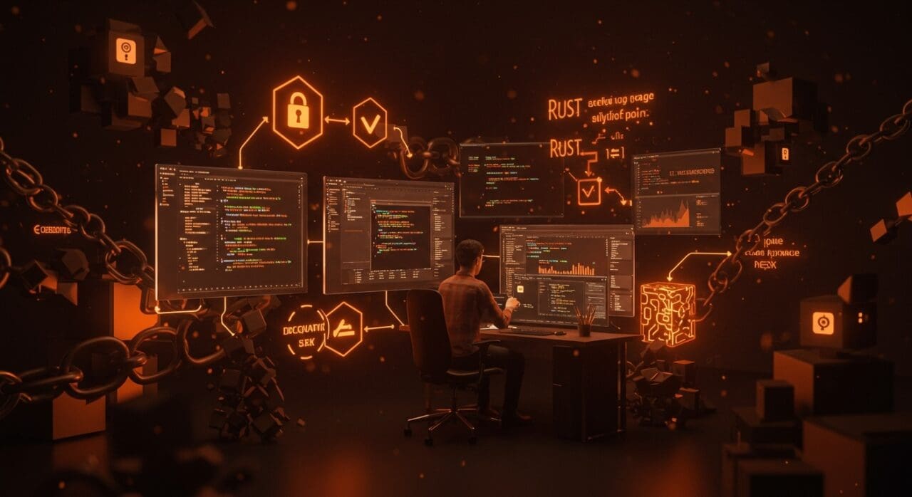 Gestión de paquetes en Arch Linux con Rust y verificación criptográfica, representada en un entorno tecnológico innovador.