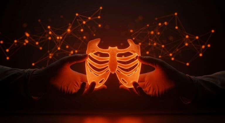 Prótesis de esternón sintético innovadora en laboratorio moderno simbolizando la innovación médica y expansión startup en Latinoamérica.