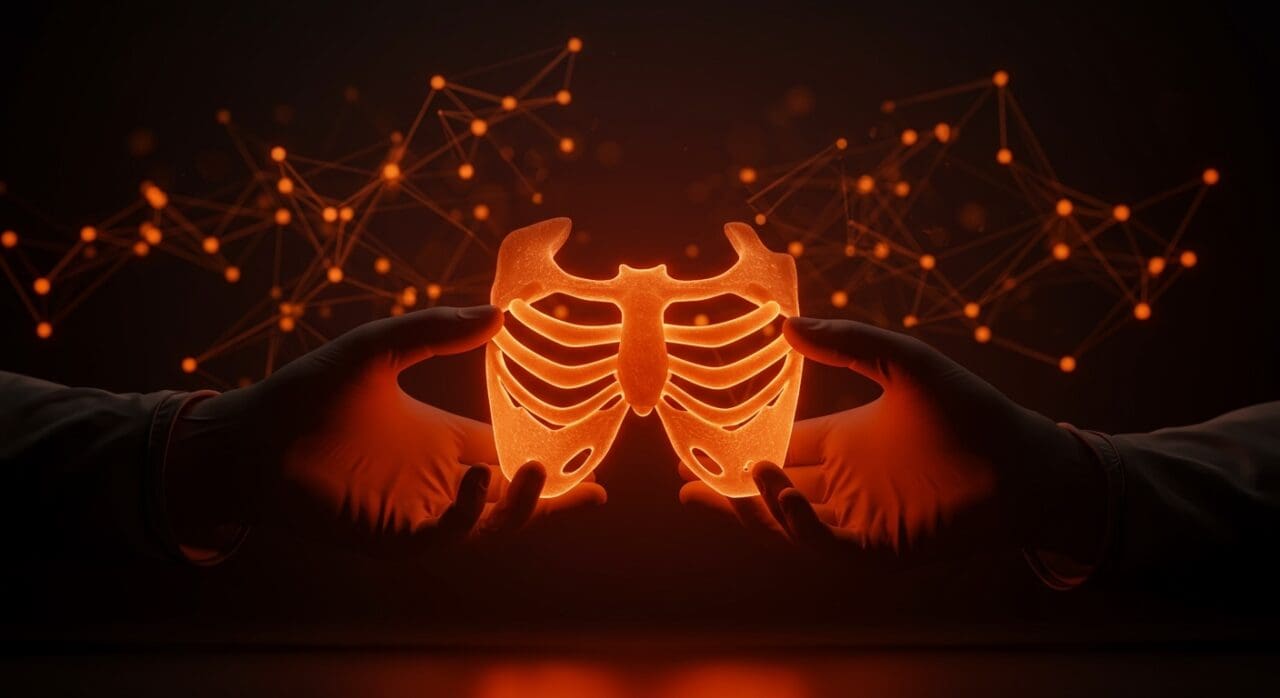 Prótesis de esternón sintético innovadora en laboratorio moderno simbolizando la innovación médica y expansión startup en Latinoamérica.