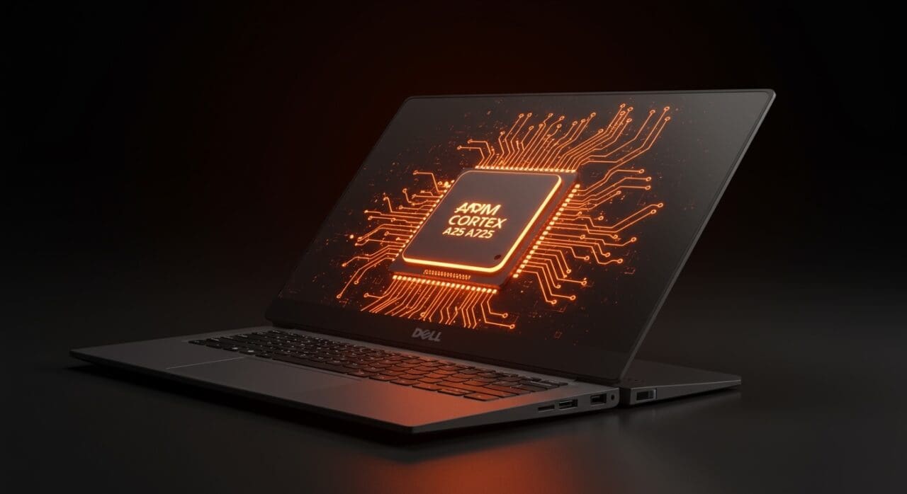 Procesador Arm Cortex A725 dentro de laptop Dell Pro Max GB10 resaltando eficiencia y microarquitectura avanzada en tecnología startup.