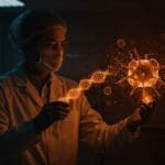 Investigadora manipulando ARN mensajero en un laboratorio moderno representando avances en inmunoterapia para cáncer metastásico.