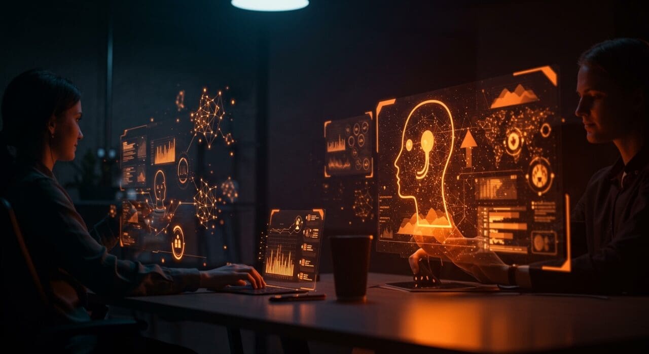 Equipo de startup tecnológica diseñando arquitectura Intent-First para IA conversacional, mejorando automatización y experiencia del usuario.