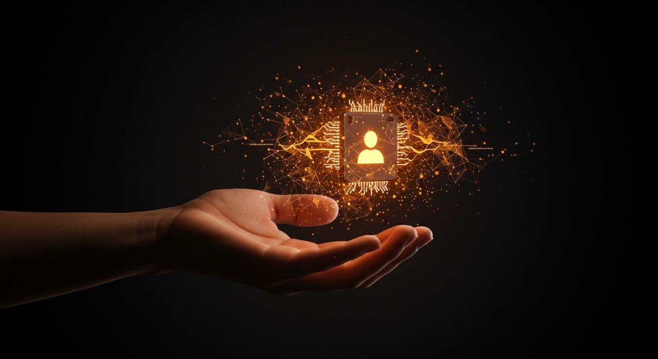 Interfaz holográfica de asistente digital simbolizando la seguridad y personalización en modelos de lenguaje para IA aplicada en startups.