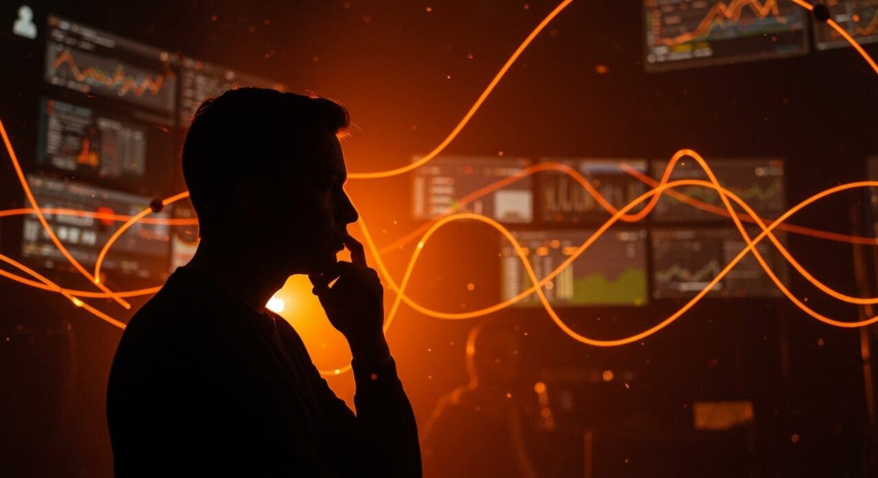 Fundador de startup EdTech con pantallas digitales mostrando manipulación y astroturfing, reflejando ética y confianza en marketing digital.