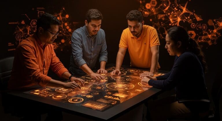 Emprendedores latinos trabajando con inteligencia artificial aplicada a salud en un entorno tecnológico innovador, representando startups y oportunidades en IA healthcare.