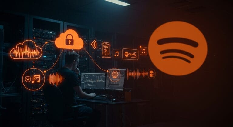 Founder evaluating autoalojamiento con Jellyfin y VPS como alternativa a Spotify para streaming seguro y personalizado.