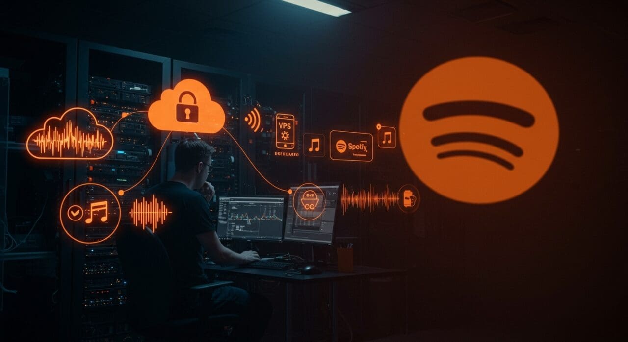 Founder evaluating autoalojamiento con Jellyfin y VPS como alternativa a Spotify para streaming seguro y personalizado.