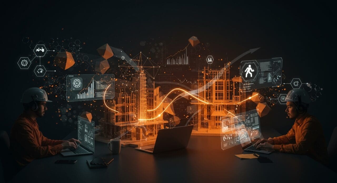 Automatización en construcción con IA para compliance, mostrando equipo remoto y cultura flexible en startup tecnológica.