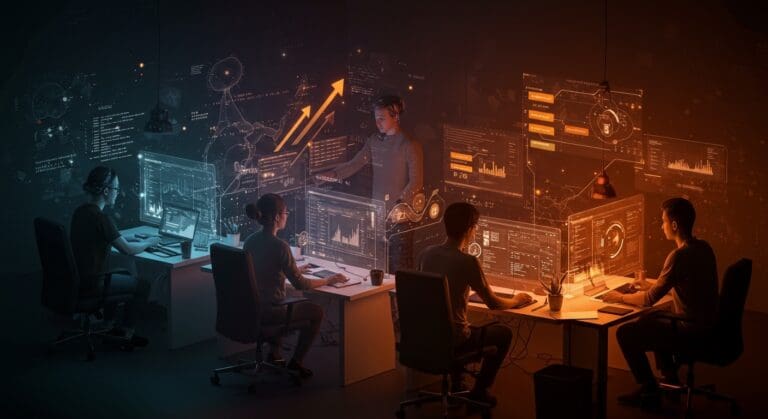 Automatización de documentación técnica con IA en startups, mostrando desarrolladores colaborando con tecnología avanzada para escalar procesos.