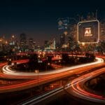 Ciudad inteligente con vehículos autónomos y IA para automatización urbana tras financiación de startup en tecnología urbana.