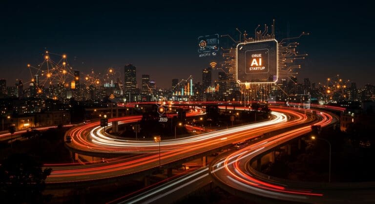 Ciudad inteligente con vehículos autónomos y IA para automatización urbana tras financiación de startup en tecnología urbana.