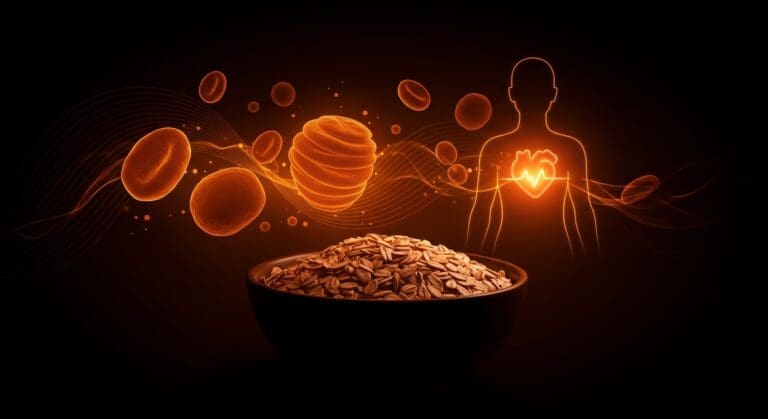 Bowl de avena con representación abstracta de reducción de colesterol LDL y mejora metabólica en salud cardiovascular.