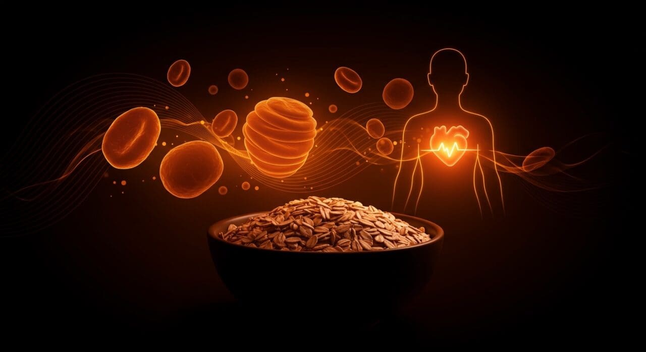 Bowl de avena con representación abstracta de reducción de colesterol LDL y mejora metabólica en salud cardiovascular.