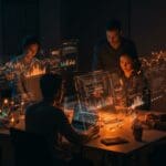 Equipo de ingenieros colaborando en plataforma de inteligencia artificial para automatización y productividad en startups tecnológicas.