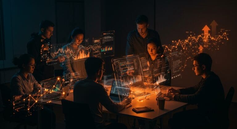 Equipo de ingenieros colaborando en plataforma de inteligencia artificial para automatización y productividad en startups tecnológicas.