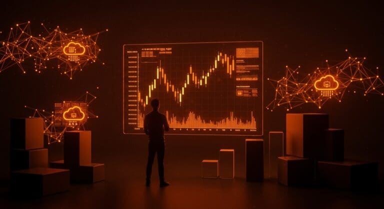 Founder tecnológico frente a gráficos de precios de GPU y diagramas cloud, ilustrando el impacto del aumento de precios de AWS en machine learning y cloud computing.