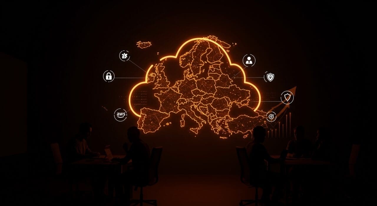 Representación visual de AWS European Sovereign Cloud destacando protección de datos y oportunidades para startups en Europa con estilo ecosistema startup.