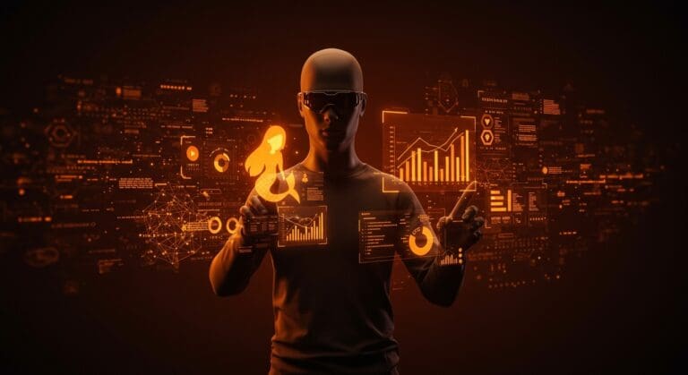 Founder interactuando con diagramas Mermaid digitales en SVG y ASCII, representando automatización y visualización IA para developers.