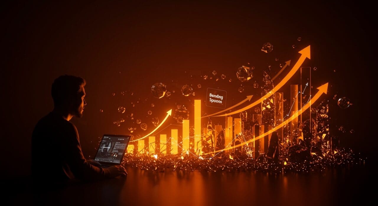 Adquisición de Eventbrite por Bending Spoons visualizada con fundador tech y ecosistema startup en tonos naranja y negro.