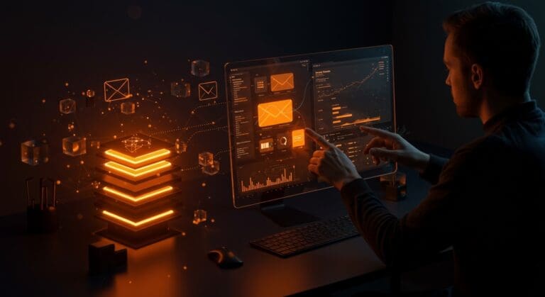 Interfaz futurista de archivador de emails automatizado en Rust con WebUI y API REST para startups tecnológicas.